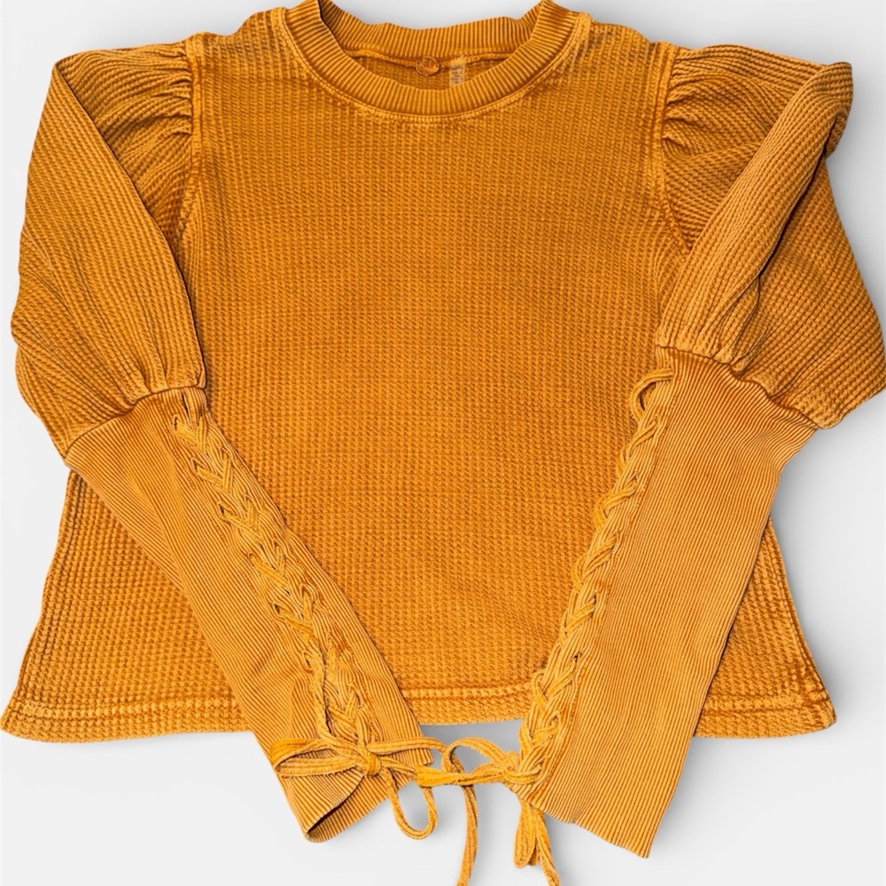 Free People Mustard Yellow lace up Sleeve Top size XXS Boho, fairy